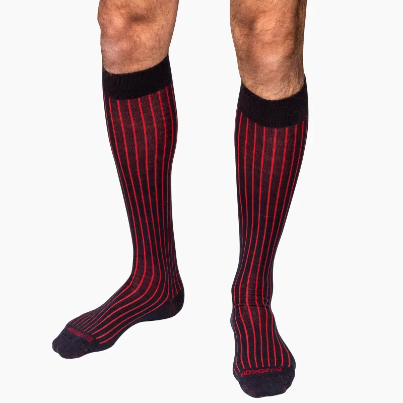 Navy and Red Shadow Stripe Merino Wool Over the Calf Dress Socks sold by Boardroom Socks