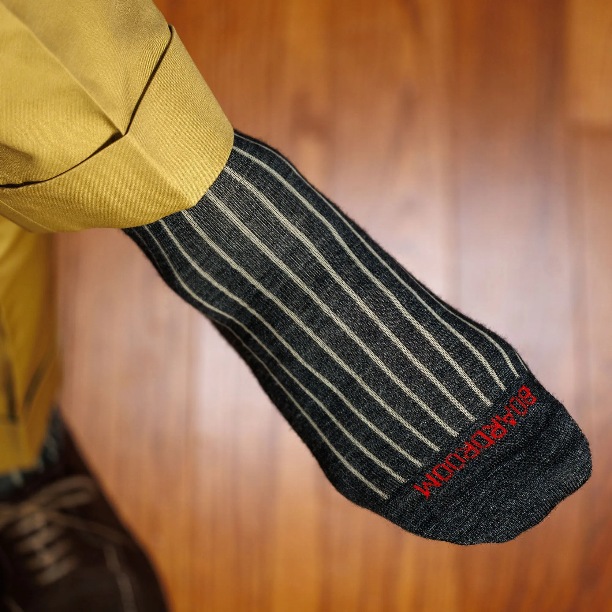 Charcoal and Tan Shadow Stripe Merino Wool Mid-Calf Dress Socks sold by Boardroom Socks product image thumbnail 5