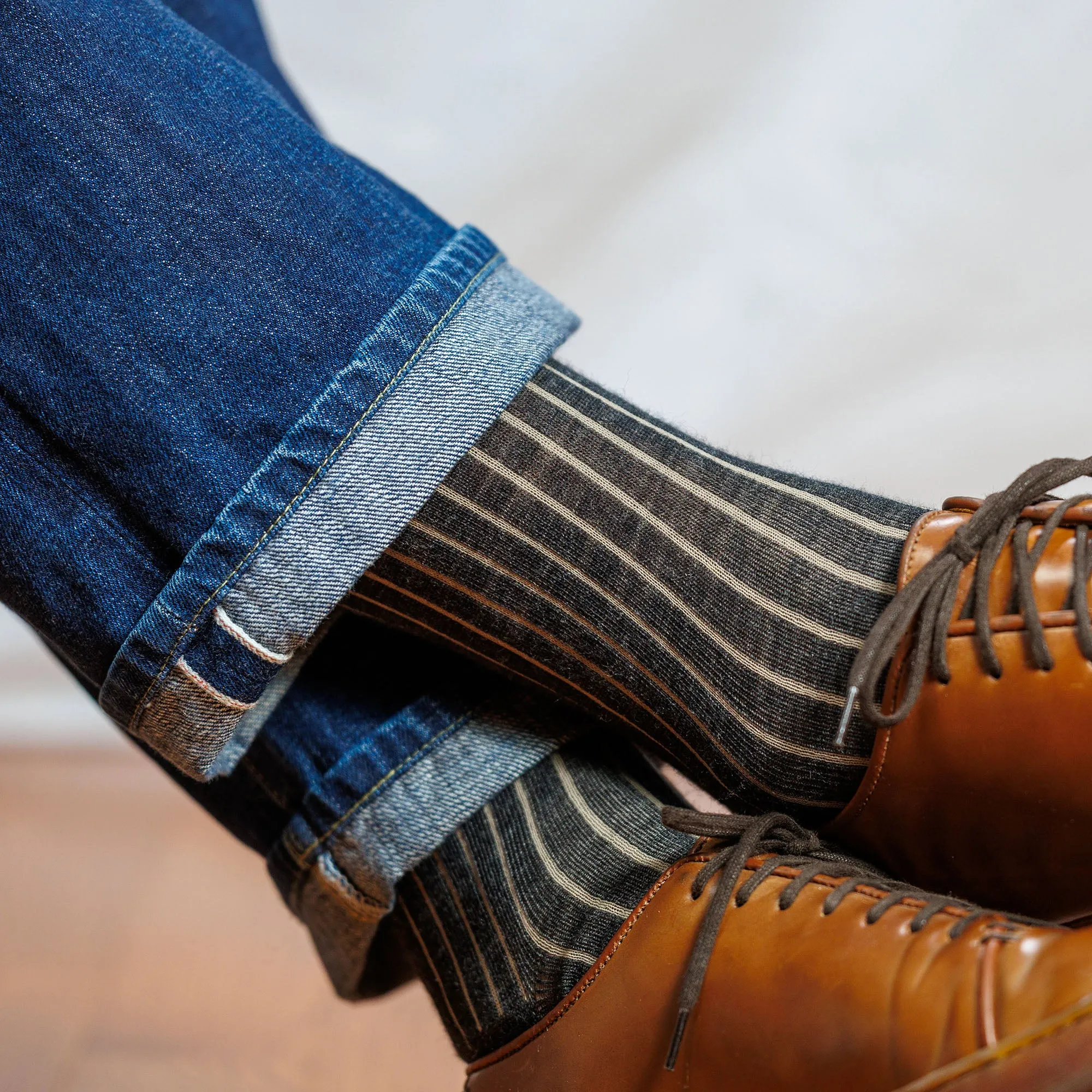 Charcoal and Tan Shadow Stripe Merino Wool Mid-Calf Dress Socks sold by Boardroom Socks product image thumbnail 2