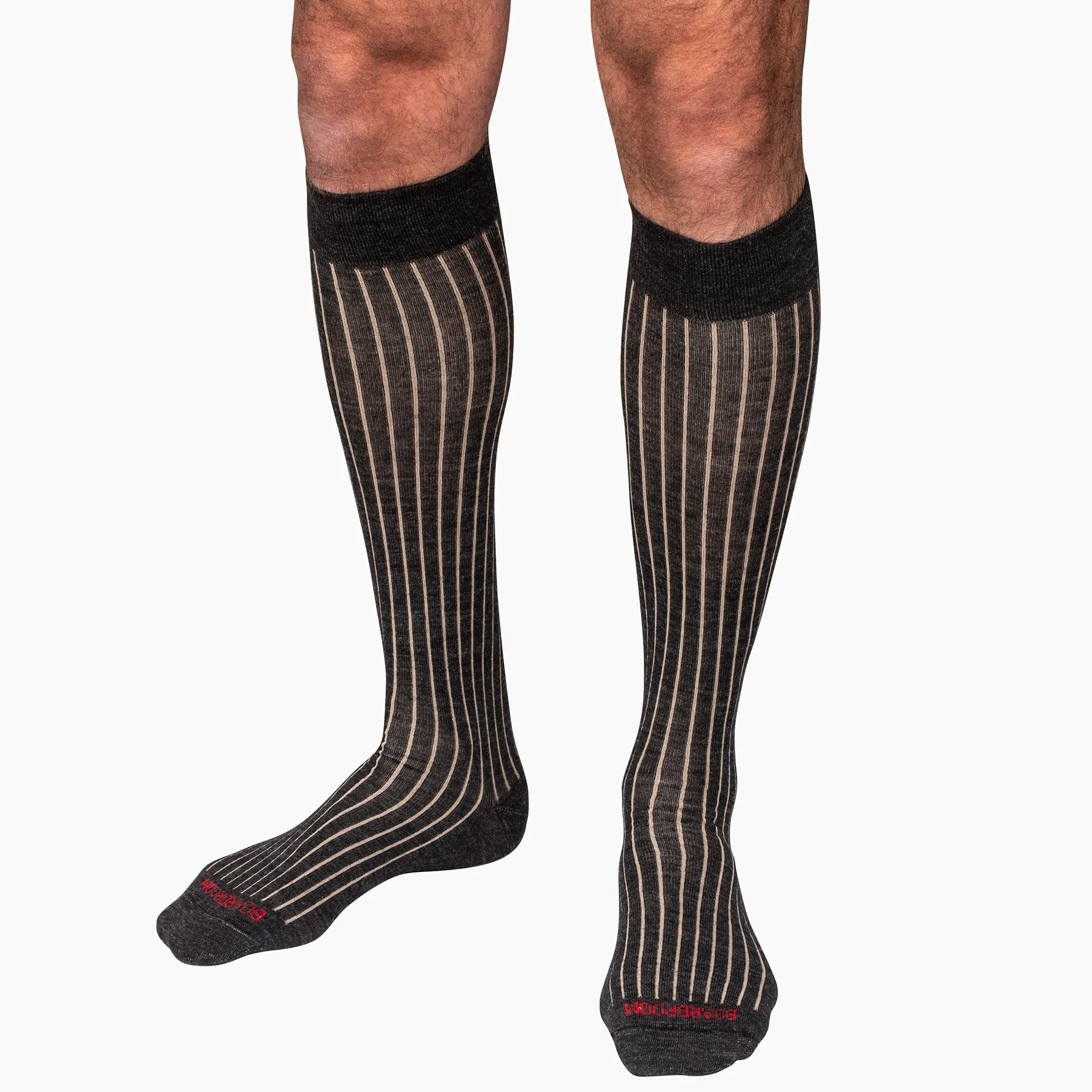 Charcoal and Tan Shadow Stripe Merino Wool Over the Calf Dress Socks sold by Boardroom Socks