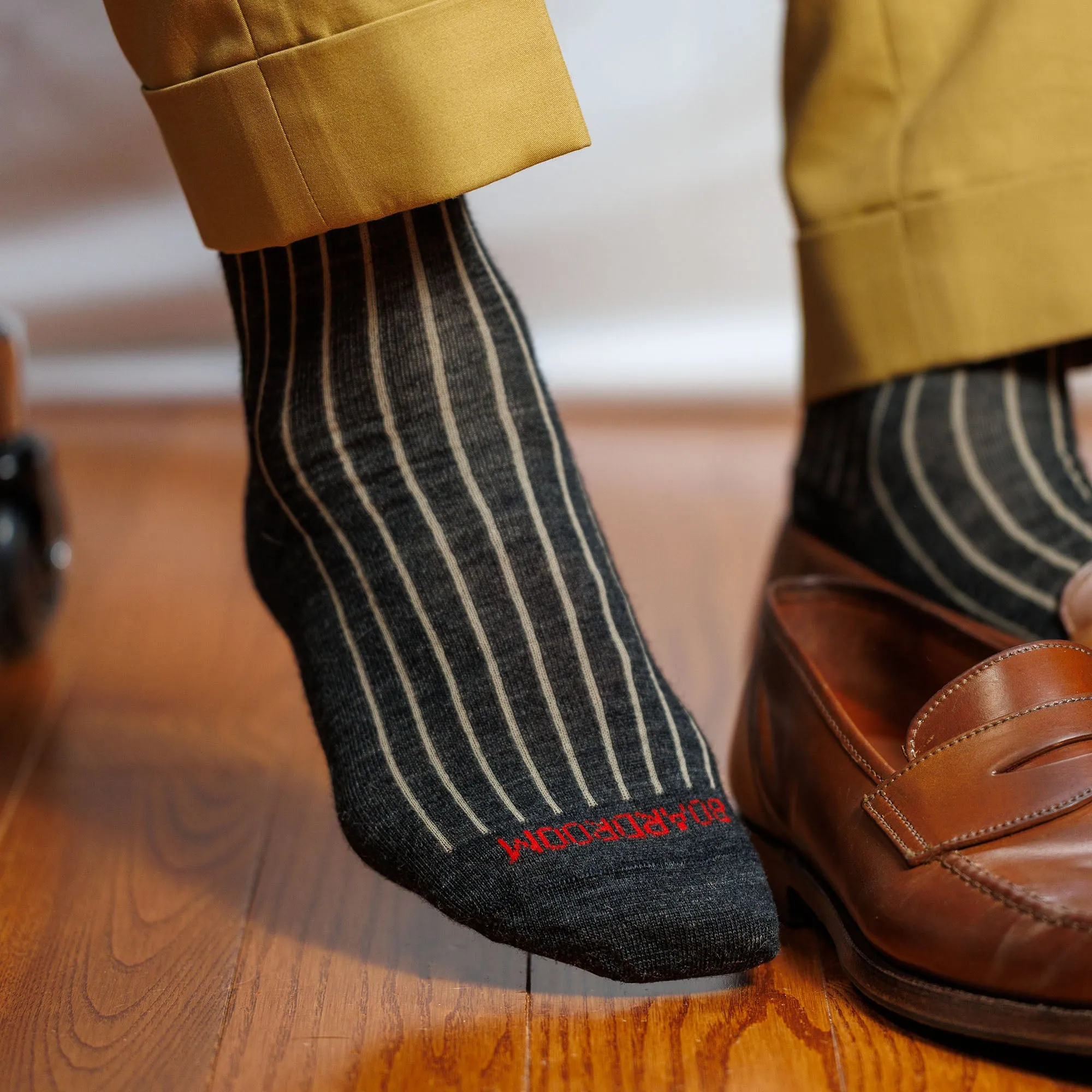 Charcoal and Tan Shadow Stripe Merino Wool Over the Calf Dress Socks sold by Boardroom Socks product image thumbnail 2