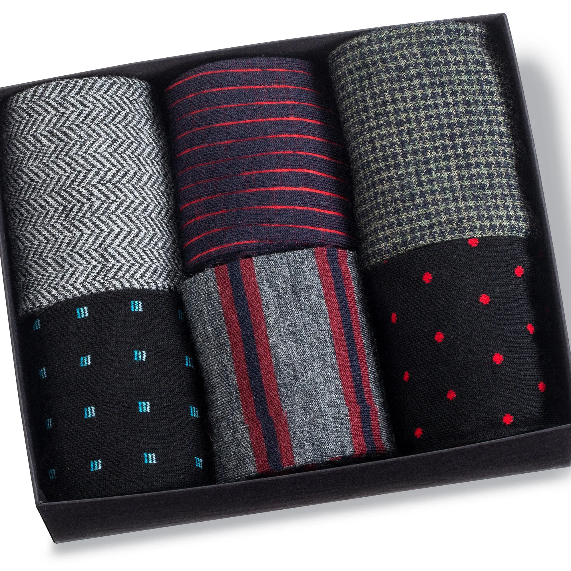 Merino Wool Mid-Calf Patterned Dress Socks - 6 Pair Gift Box sold by Boardroom Socks
