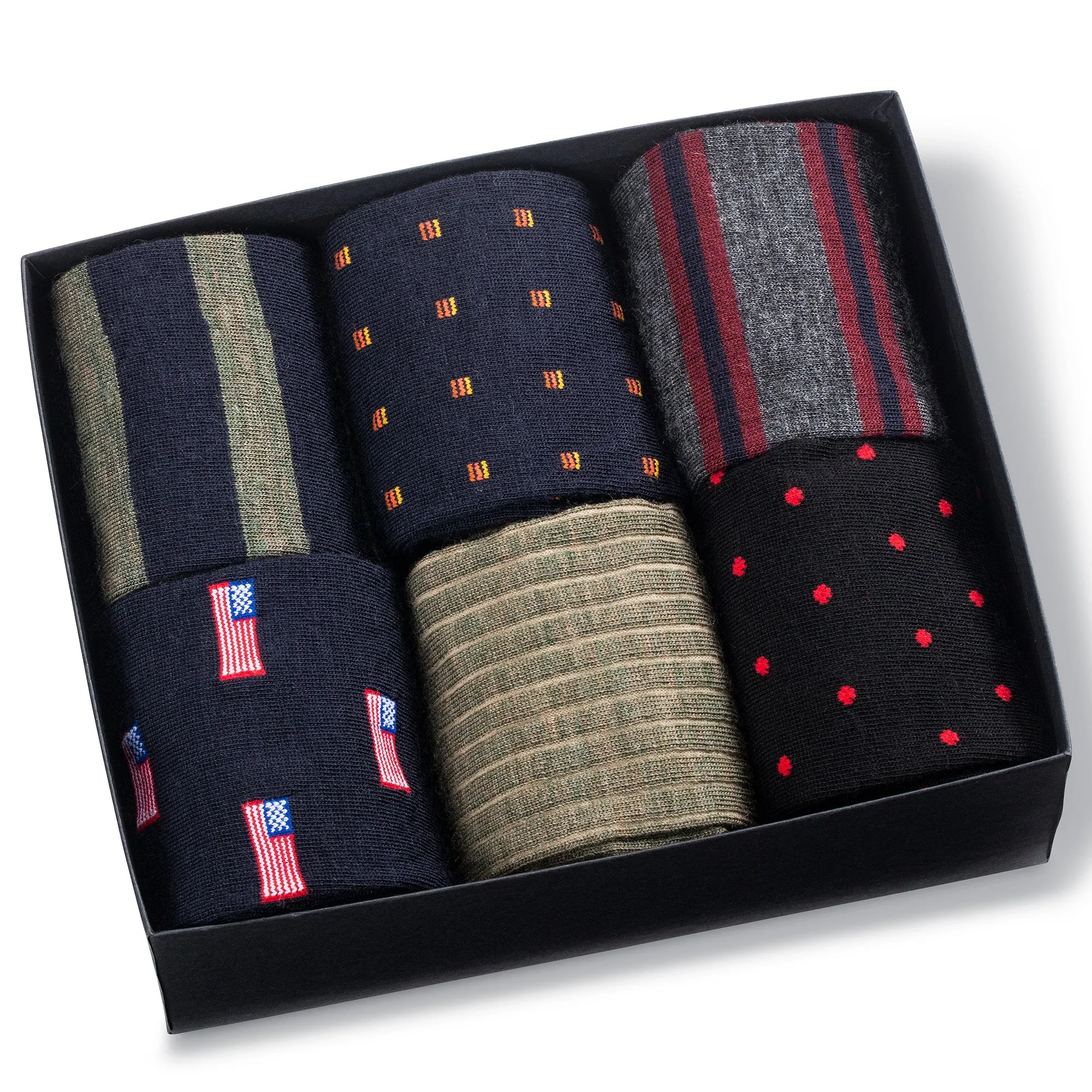 Merino Wool Mid-Calf Patterned Dress Socks - 6 Pair Gift Box sold by Boardroom Socks