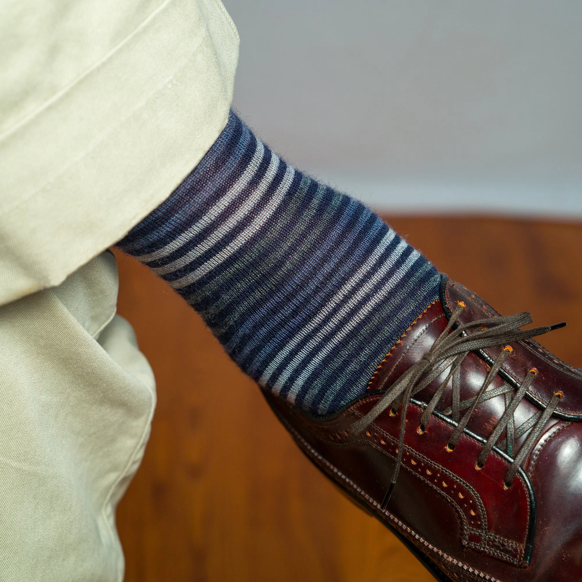 Grey Multi-Stripe on Navy Merino Wool Mid Calf Dress Socks sold by Boardroom Socks product image thumbnail 2