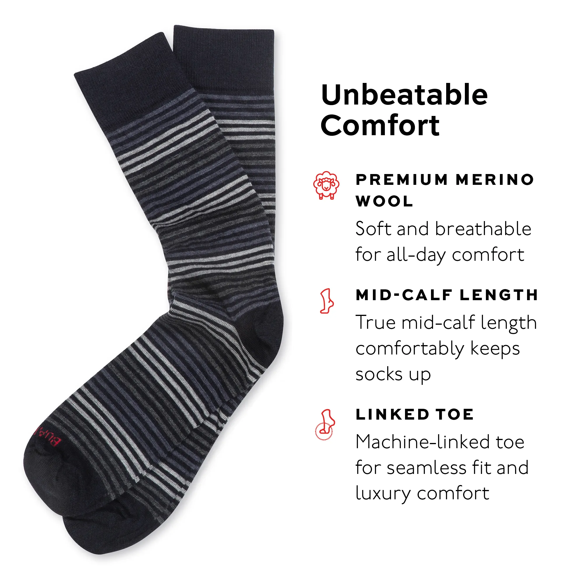 Grey Multi-Stripe on Navy Merino Wool Mid Calf Dress Socks sold by Boardroom Socks product image thumbnail 3