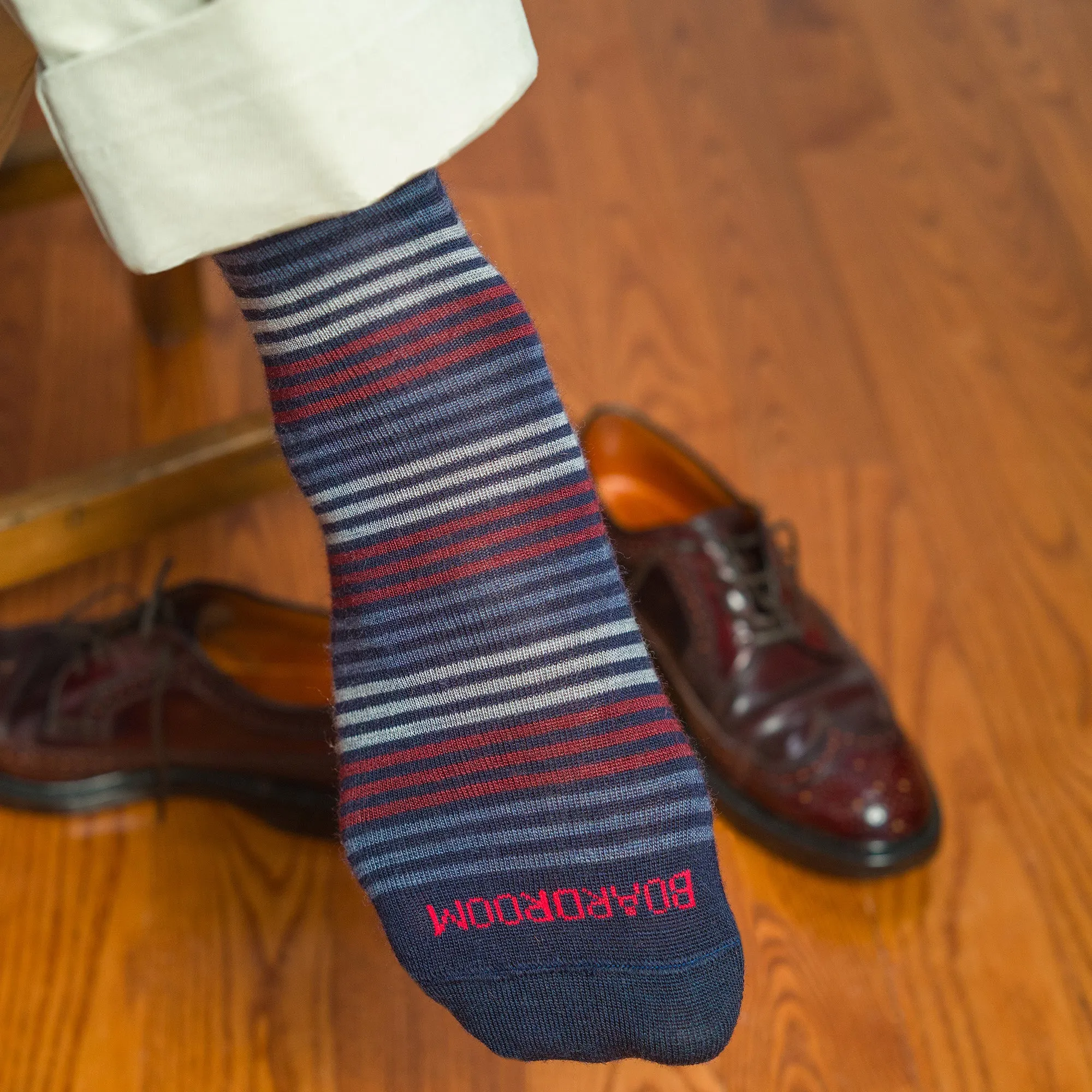 Navy Multi-Stripe Merino Wool Mid Calf Dress Socks sold by Boardroom Socks product image thumbnail 5
