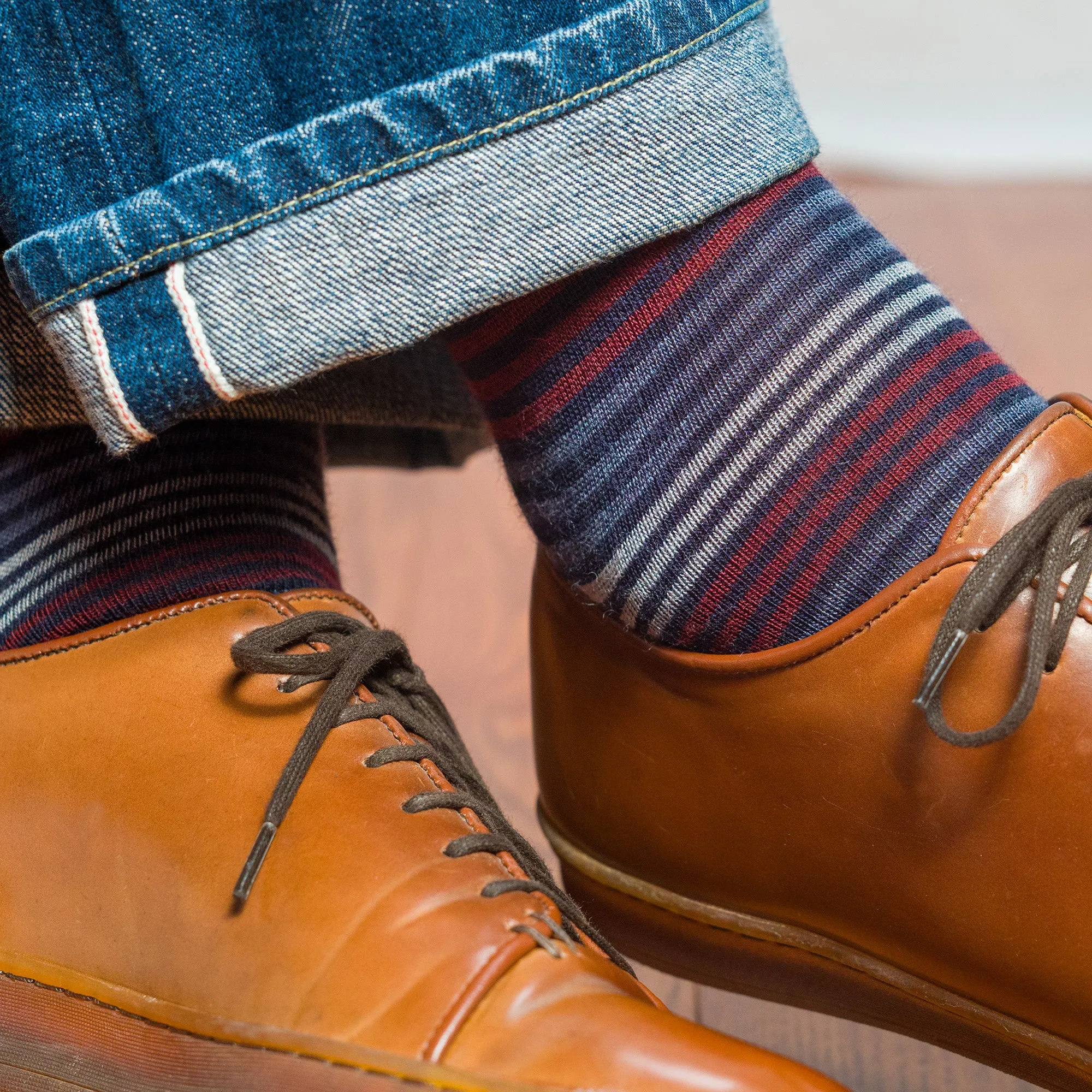 Navy Multi-Stripe Merino Wool Mid Calf Dress Socks sold by Boardroom Socks product image thumbnail 2