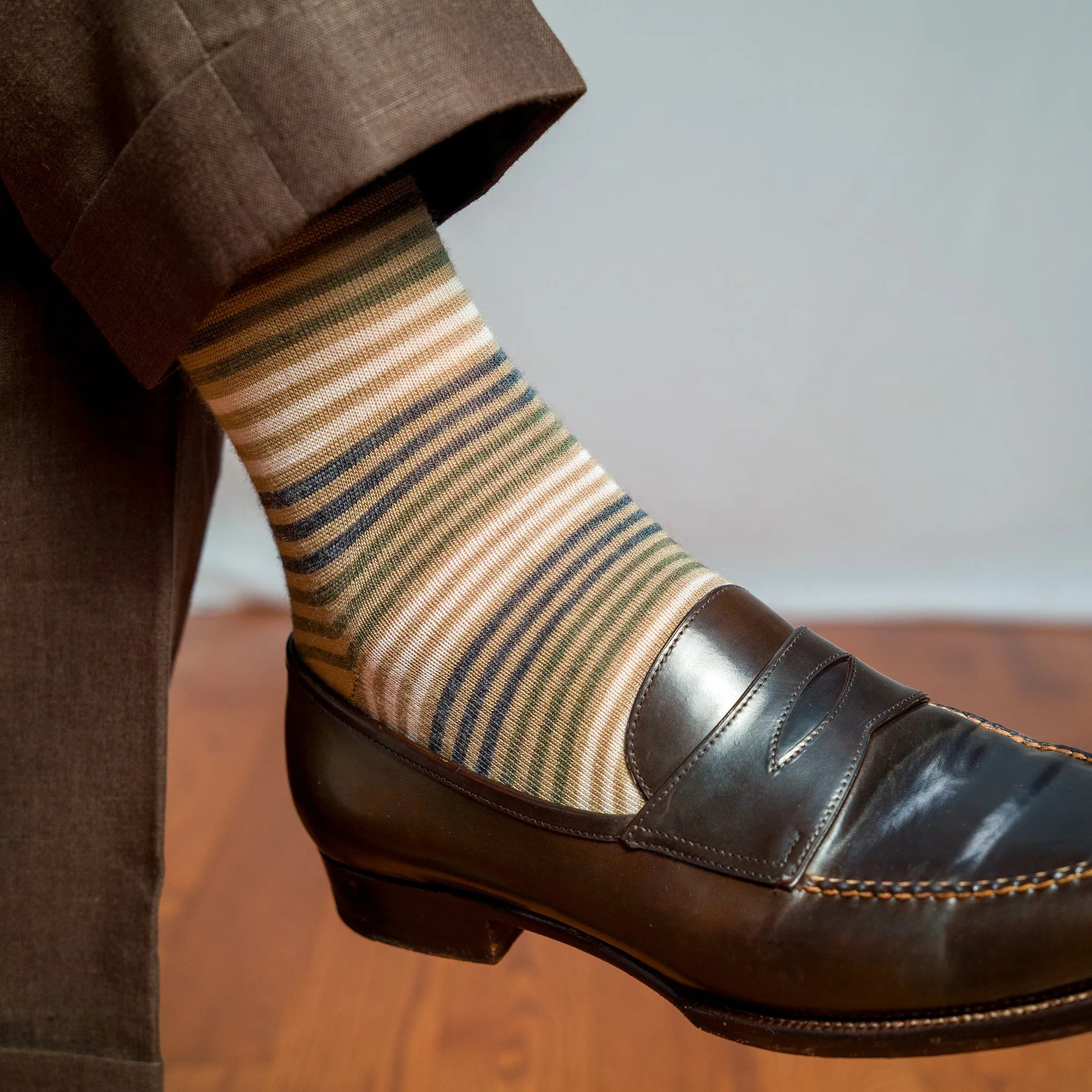 Khaki Multi-Stripe Merino Wool Over the Calf Dress Socks sold by Boardroom Socks product image thumbnail 2