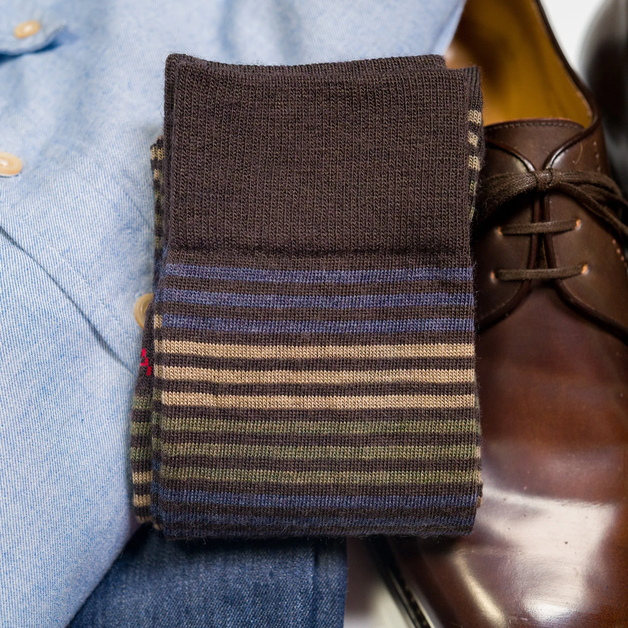 Brown Multi-Stripe Merino Wool Over the Calf Dress Socks sold by Boardroom Socks product image thumbnail 5