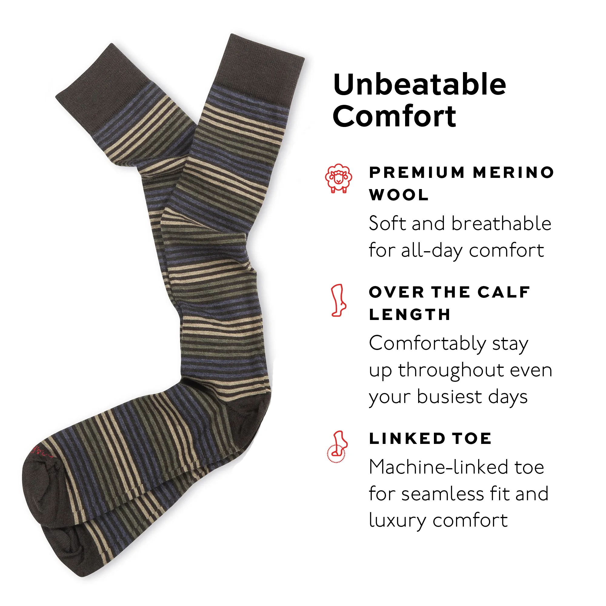 Brown Multi-Stripe Merino Wool Over the Calf Dress Socks sold by Boardroom Socks product image thumbnail 3