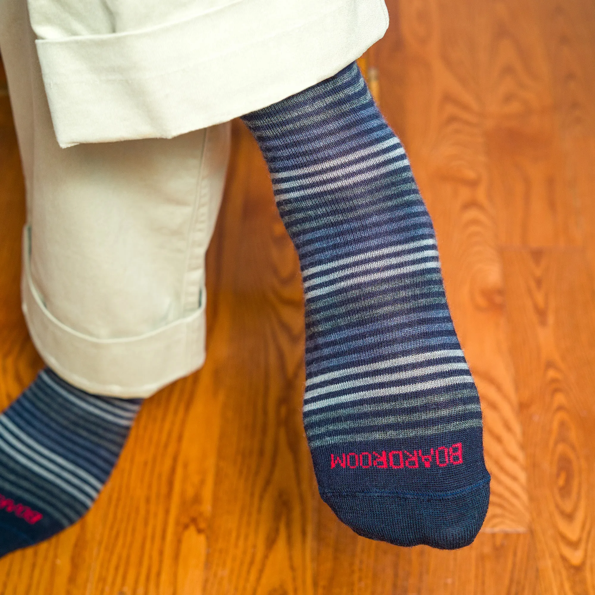 Grey Multi-Stripe on Navy Merino Wool Over the Calf Dress Socks sold by Boardroom Socks product image thumbnail 5
