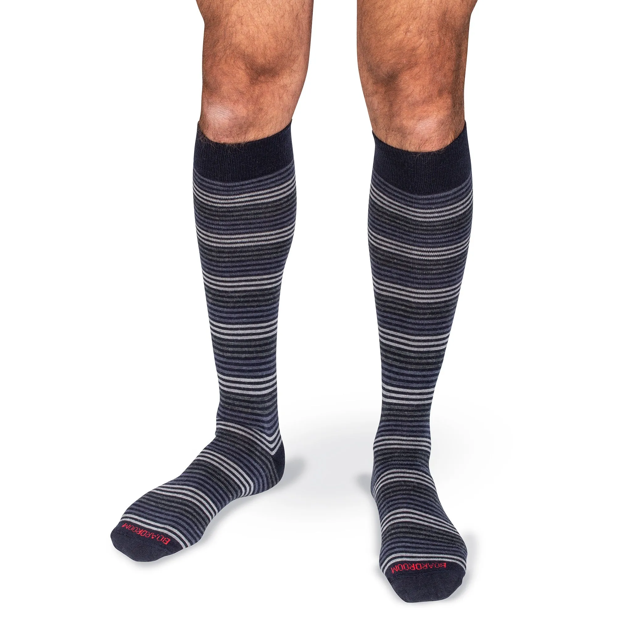 Grey Multi-Stripe on Navy Merino Wool Over the Calf Dress Socks sold by Boardroom Socks