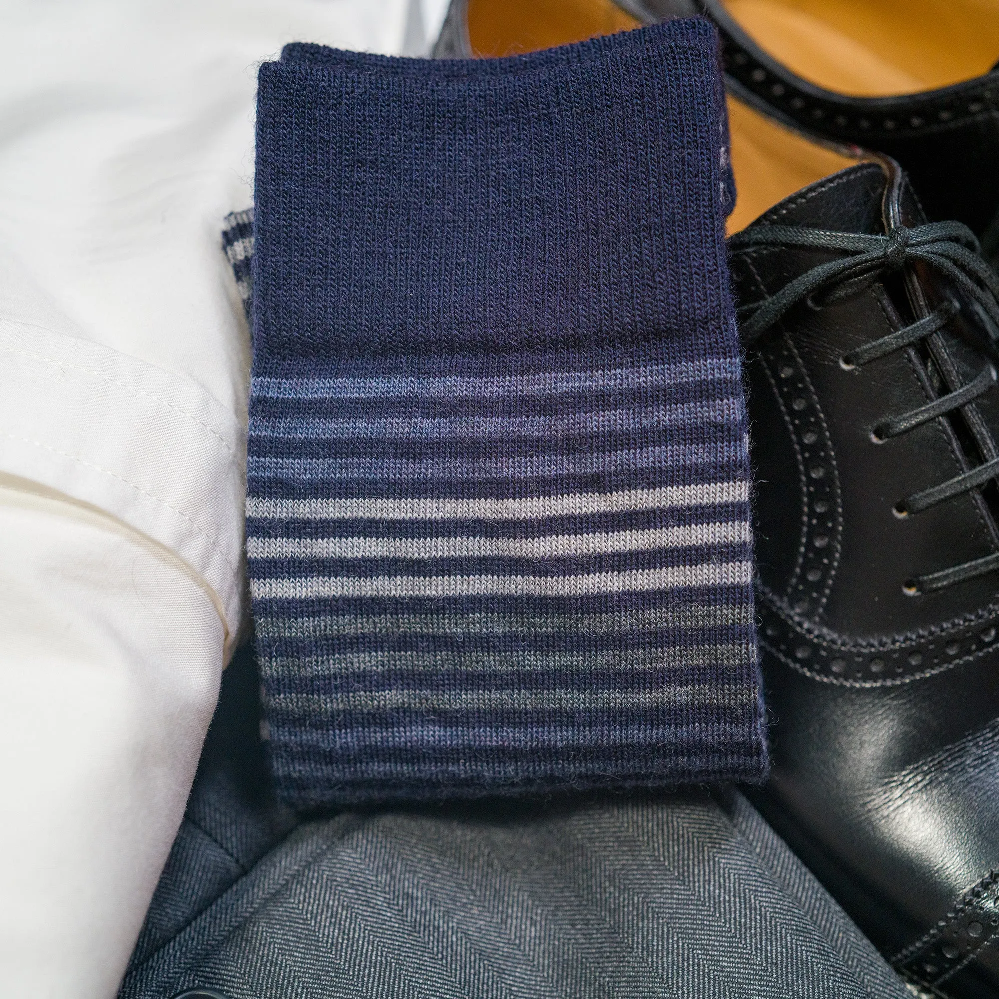 Grey Multi-Stripe on Navy Merino Wool Over the Calf Dress Socks sold by Boardroom Socks product image thumbnail 2