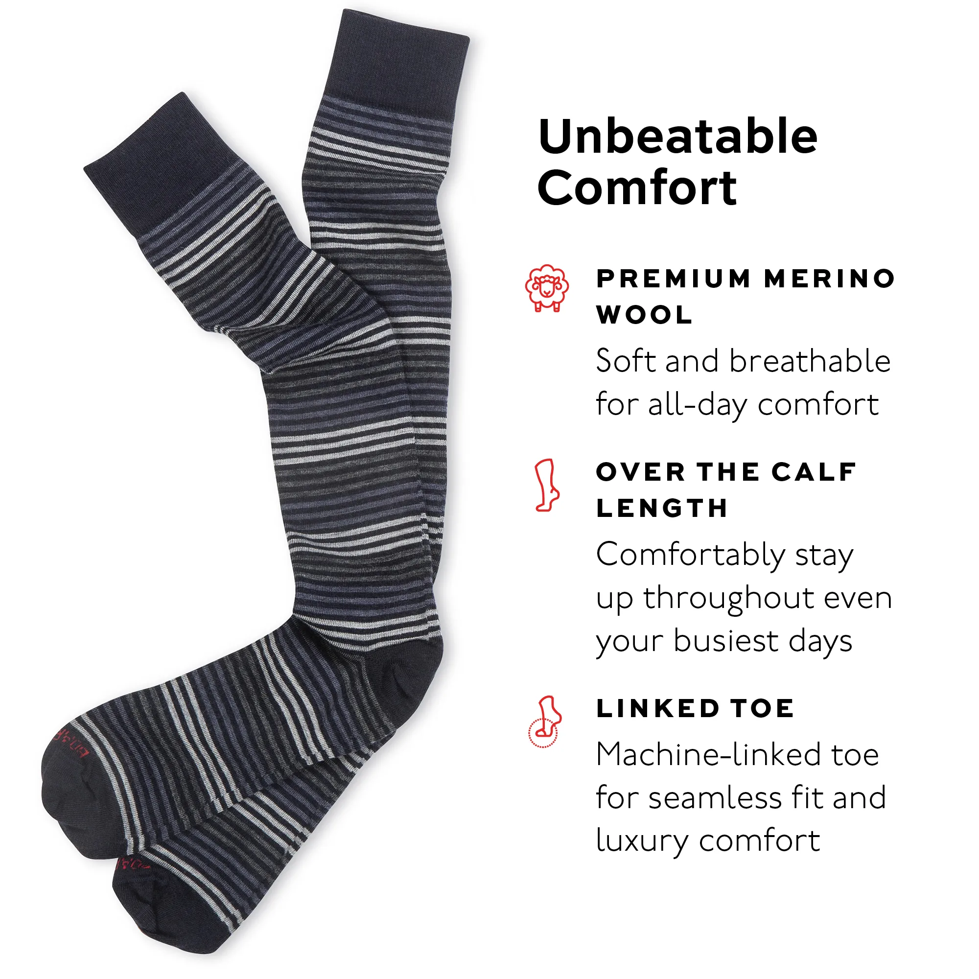 Grey Multi-Stripe on Navy Merino Wool Over the Calf Dress Socks sold by Boardroom Socks product image thumbnail 3
