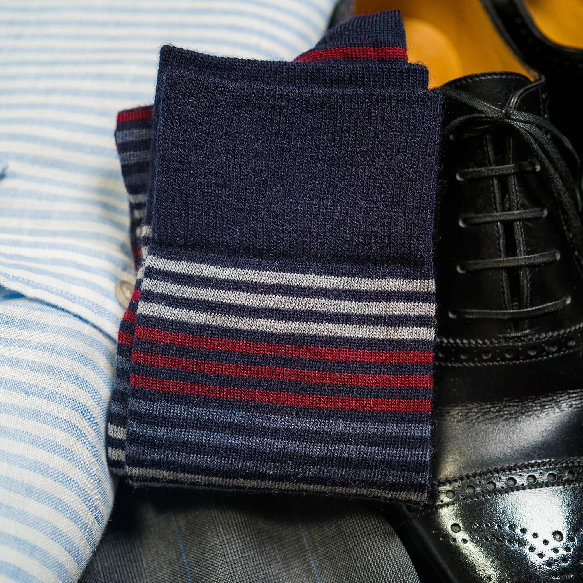 Navy Multi-Stripe Merino Wool Over the Calf Dress Socks sold by Boardroom Socks product image thumbnail 5