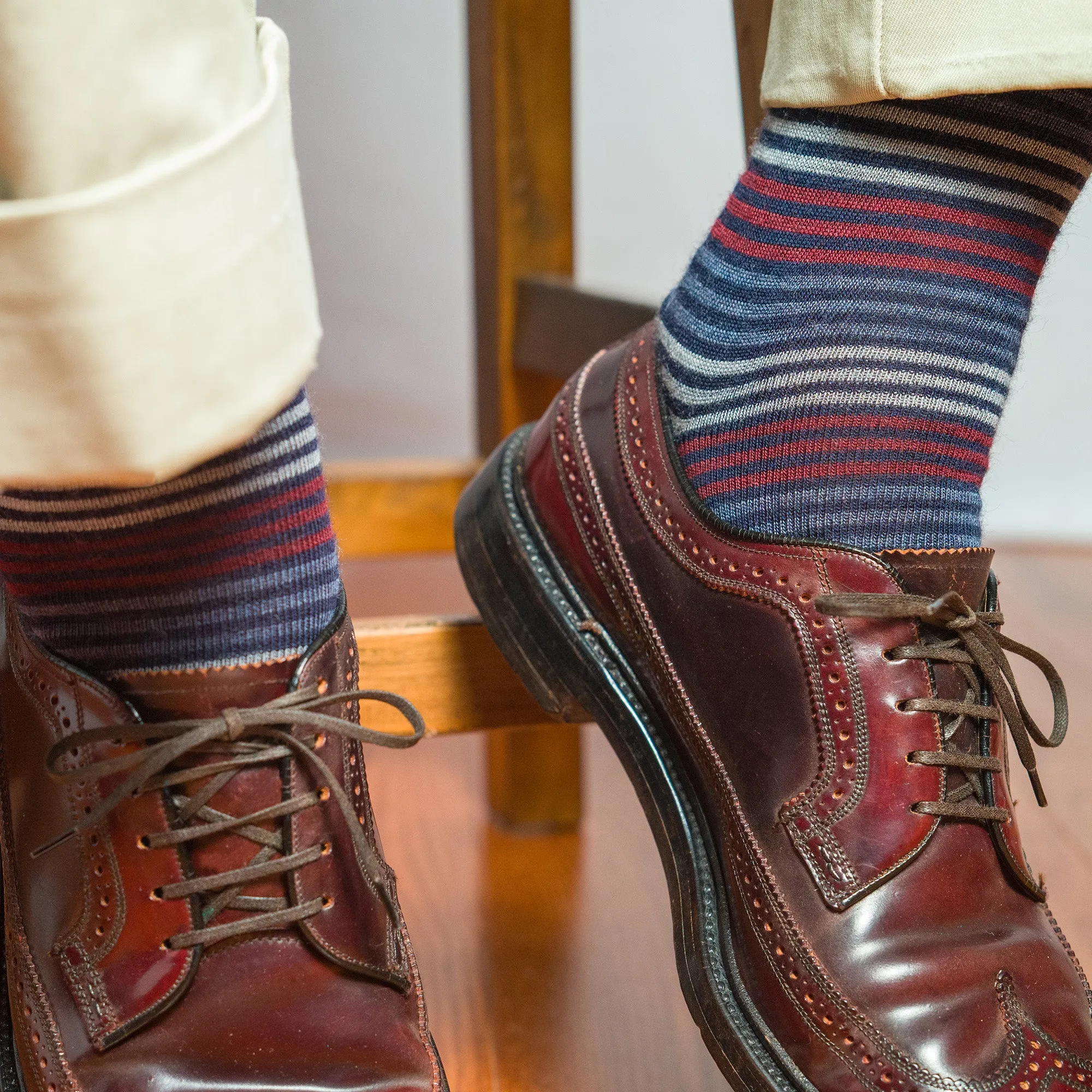 Navy Multi-Stripe Merino Wool Over the Calf Dress Socks sold by Boardroom Socks product image thumbnail 2