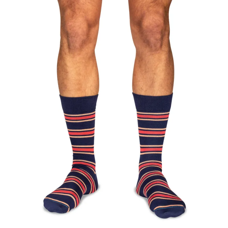 Peach and Tomato Stripes on Navy Cotton Mid-Calf Dress Socks sold by Boardroom Socks