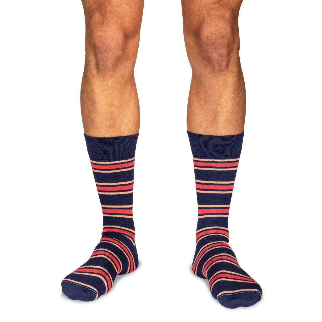 Peach and Tomato Stripes on Navy Cotton Mid-Calf Dress Socks sold by Boardroom Socks