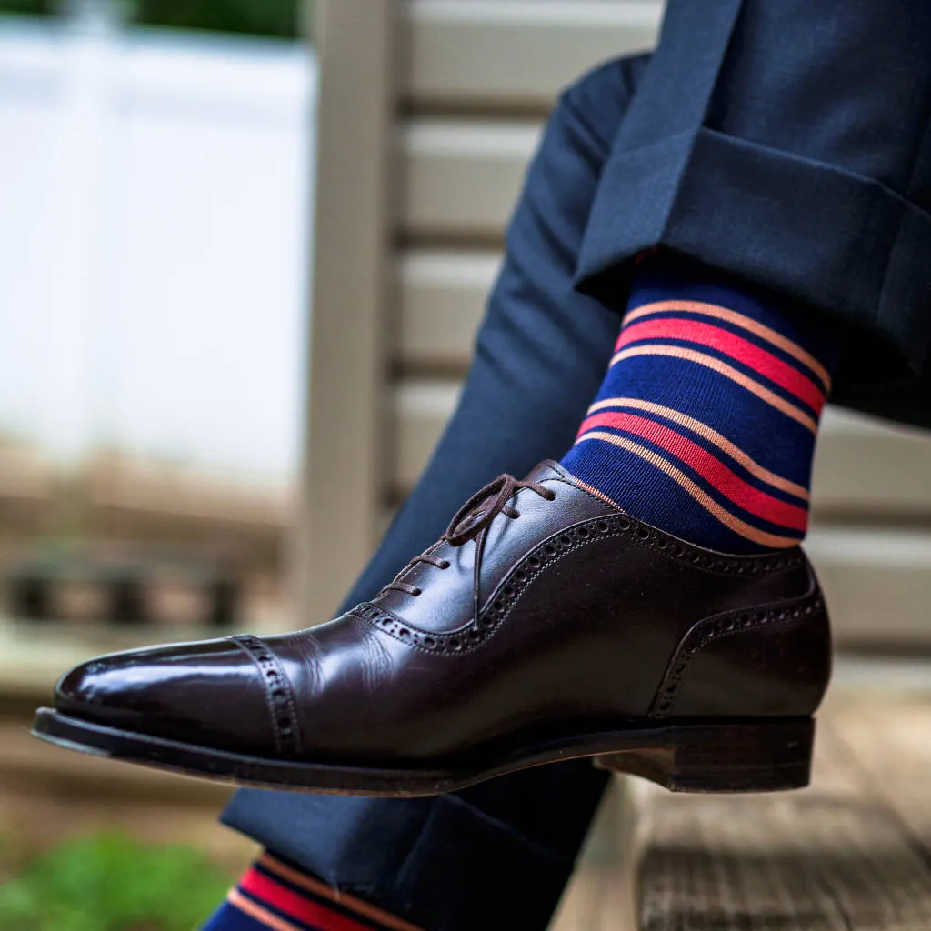 Peach and Tomato Stripes on Navy Cotton Mid-Calf Dress Socks sold by Boardroom Socks product image thumbnail 4