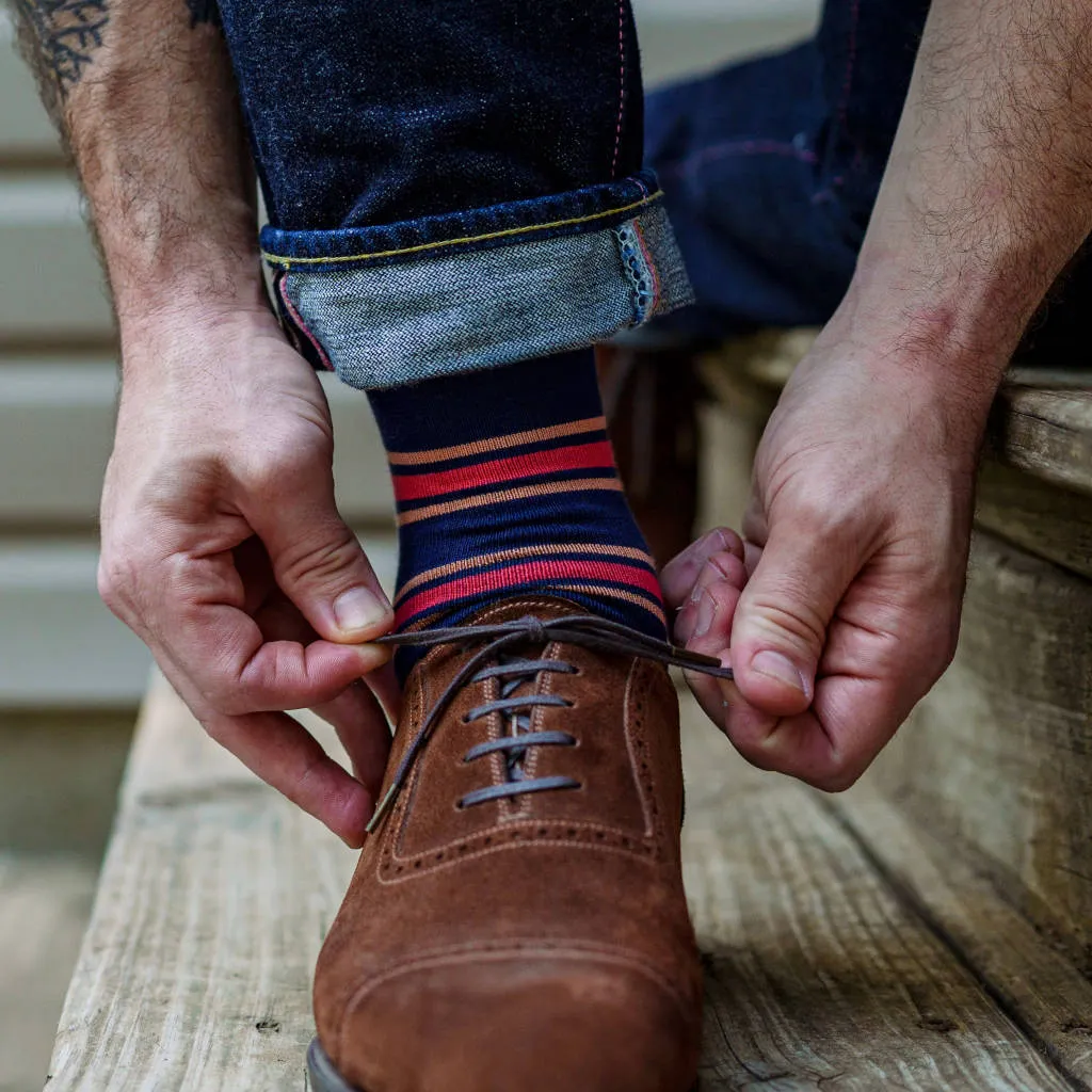 Peach and Tomato Stripes on Navy Cotton Mid-Calf Dress Socks sold by Boardroom Socks product image thumbnail 5