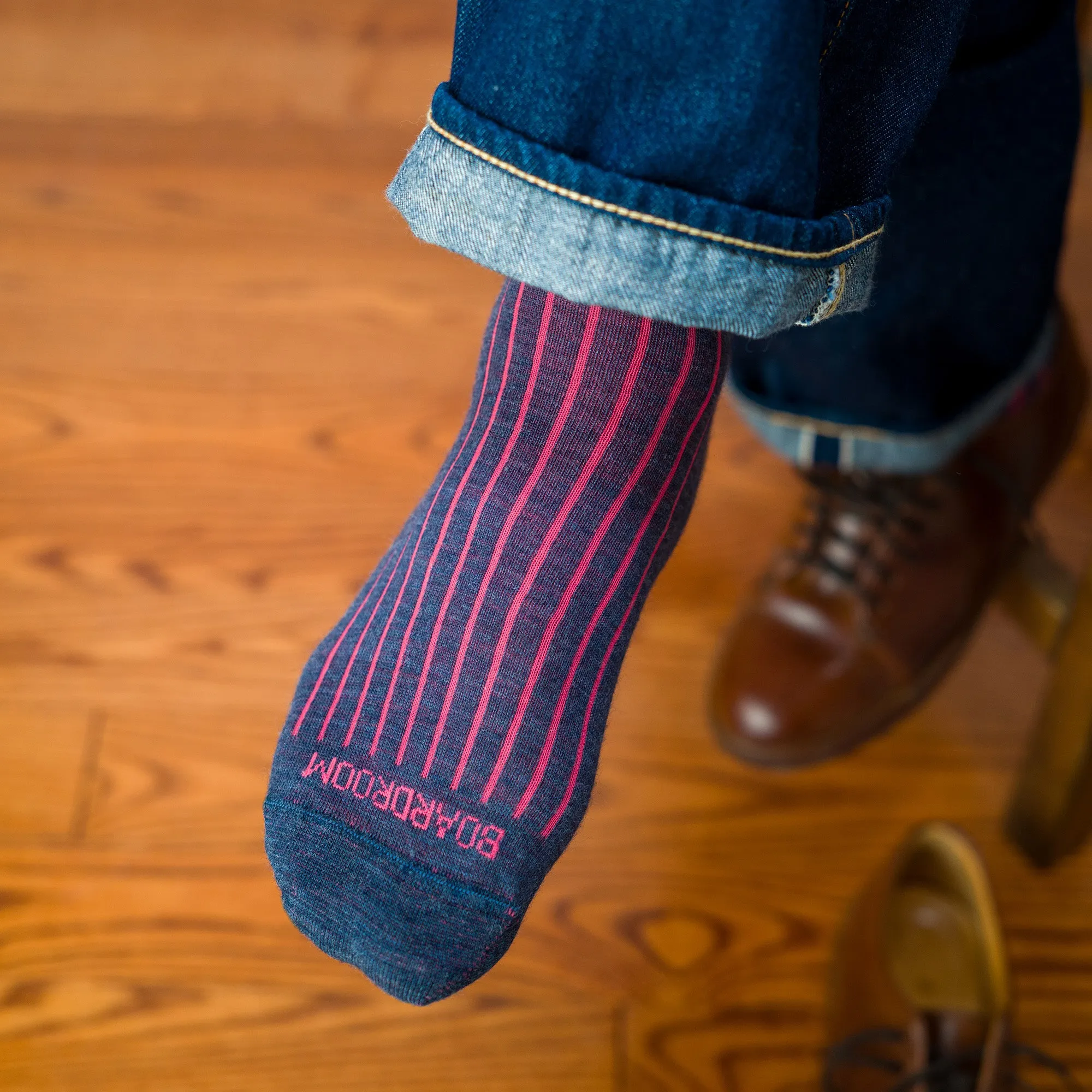 Denim Heather and Coral Shadow Stripe Merino Wool Mid-Calf Dress Socks sold by Boardroom Socks product image thumbnail 5