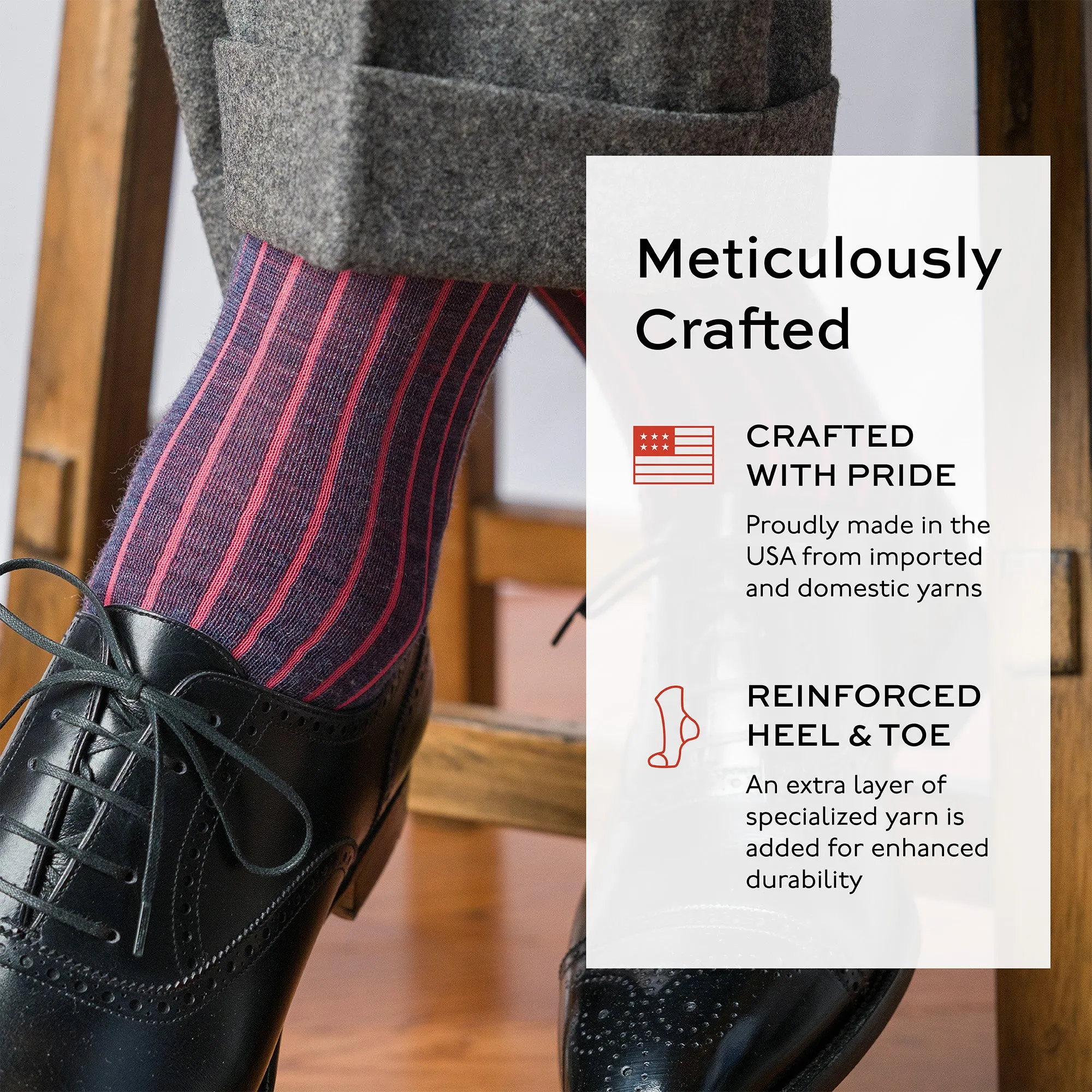 Denim Heather and Coral Shadow Stripe Merino Wool Mid-Calf Dress Socks sold by Boardroom Socks product image thumbnail 4