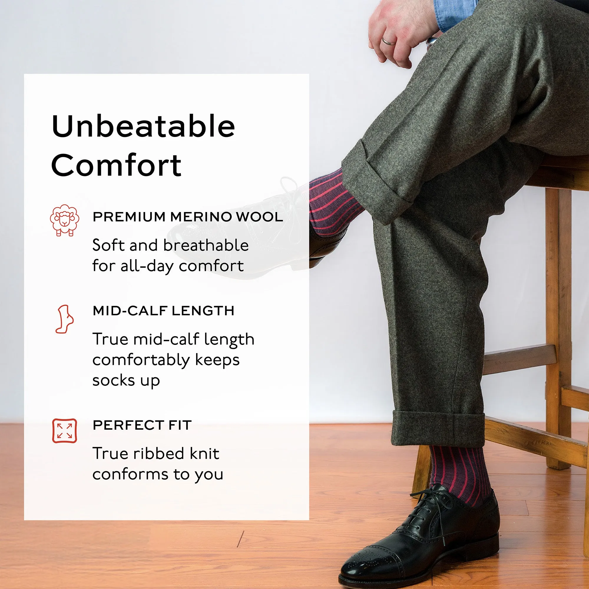 Denim Heather and Coral Shadow Stripe Merino Wool Mid-Calf Dress Socks sold by Boardroom Socks product image thumbnail 3
