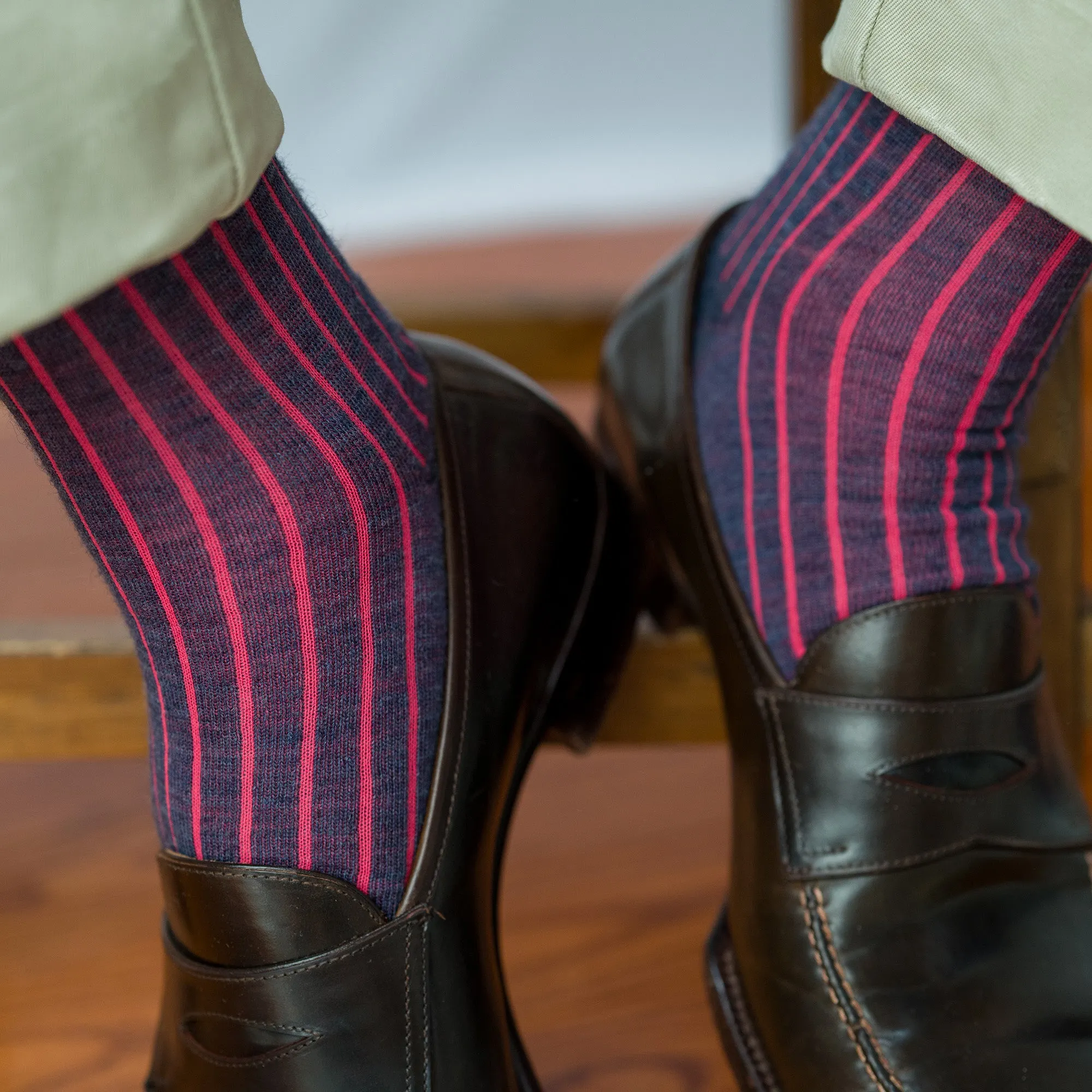 Denim Heather and Coral Shadow Stripe Merino Wool Mid-Calf Dress Socks sold by Boardroom Socks product image thumbnail 2