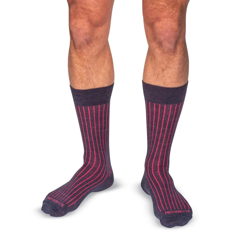 Denim Heather and Coral Shadow Stripe Merino Wool Mid-Calf Dress Socks made by Boardroom Socks