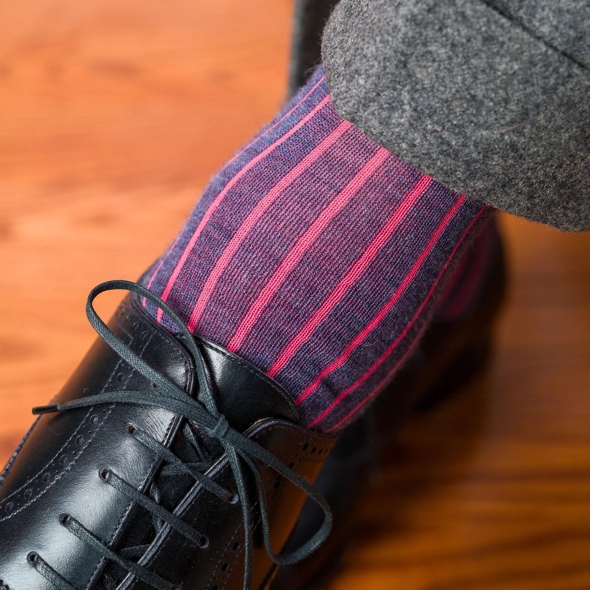 Denim Heather and Coral Shadow Stripe Merino Wool Over the Calf Dress Socks sold by Boardroom Socks product image thumbnail 2