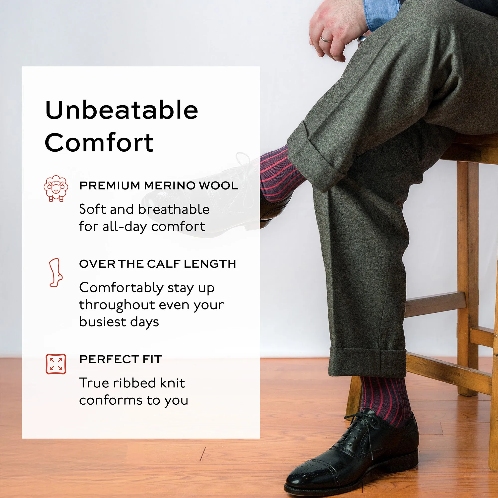 Denim Heather and Coral Shadow Stripe Merino Wool Over the Calf Dress Socks sold by Boardroom Socks product image thumbnail 3