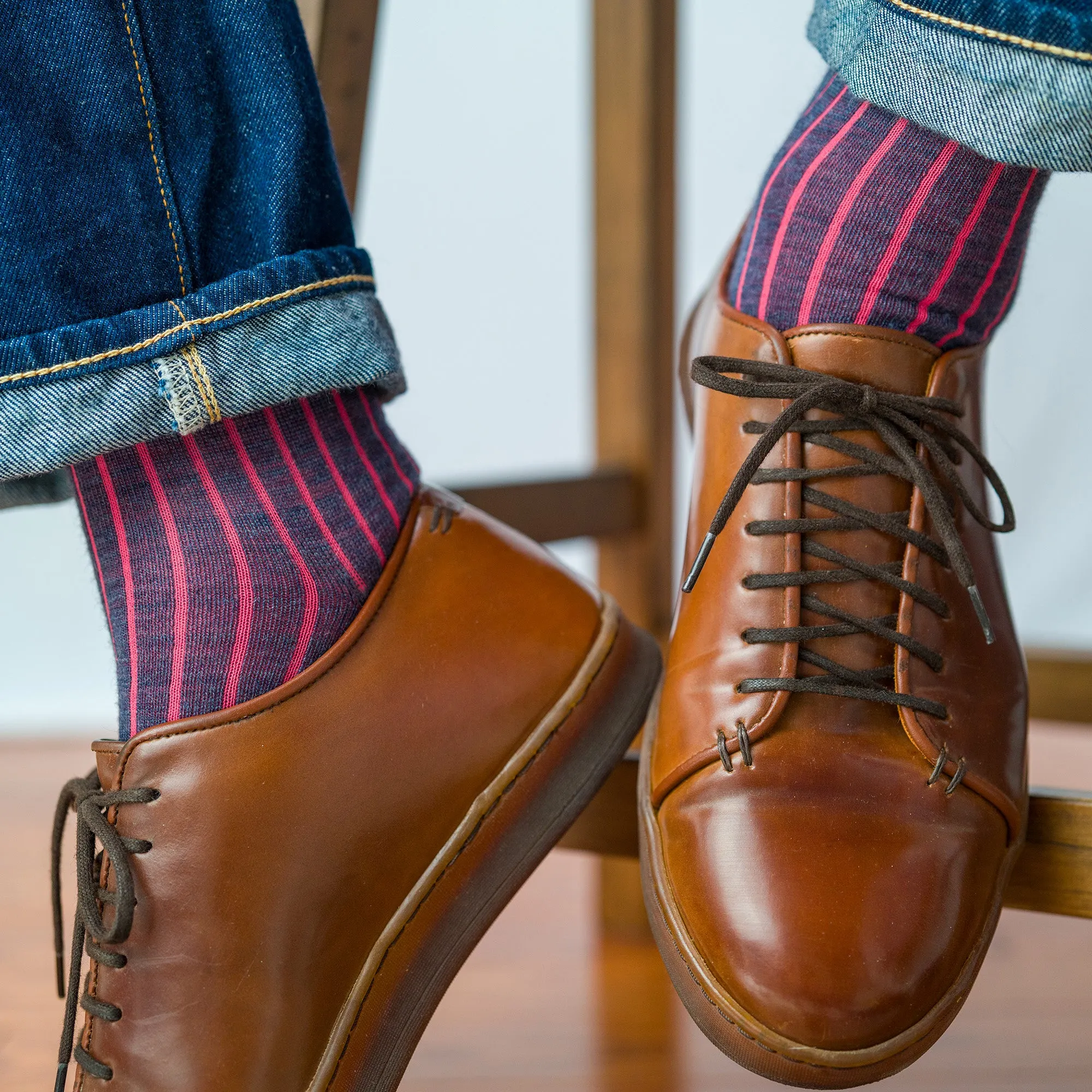 Denim Heather and Coral Shadow Stripe Merino Wool Over the Calf Dress Socks sold by Boardroom Socks product image thumbnail 5