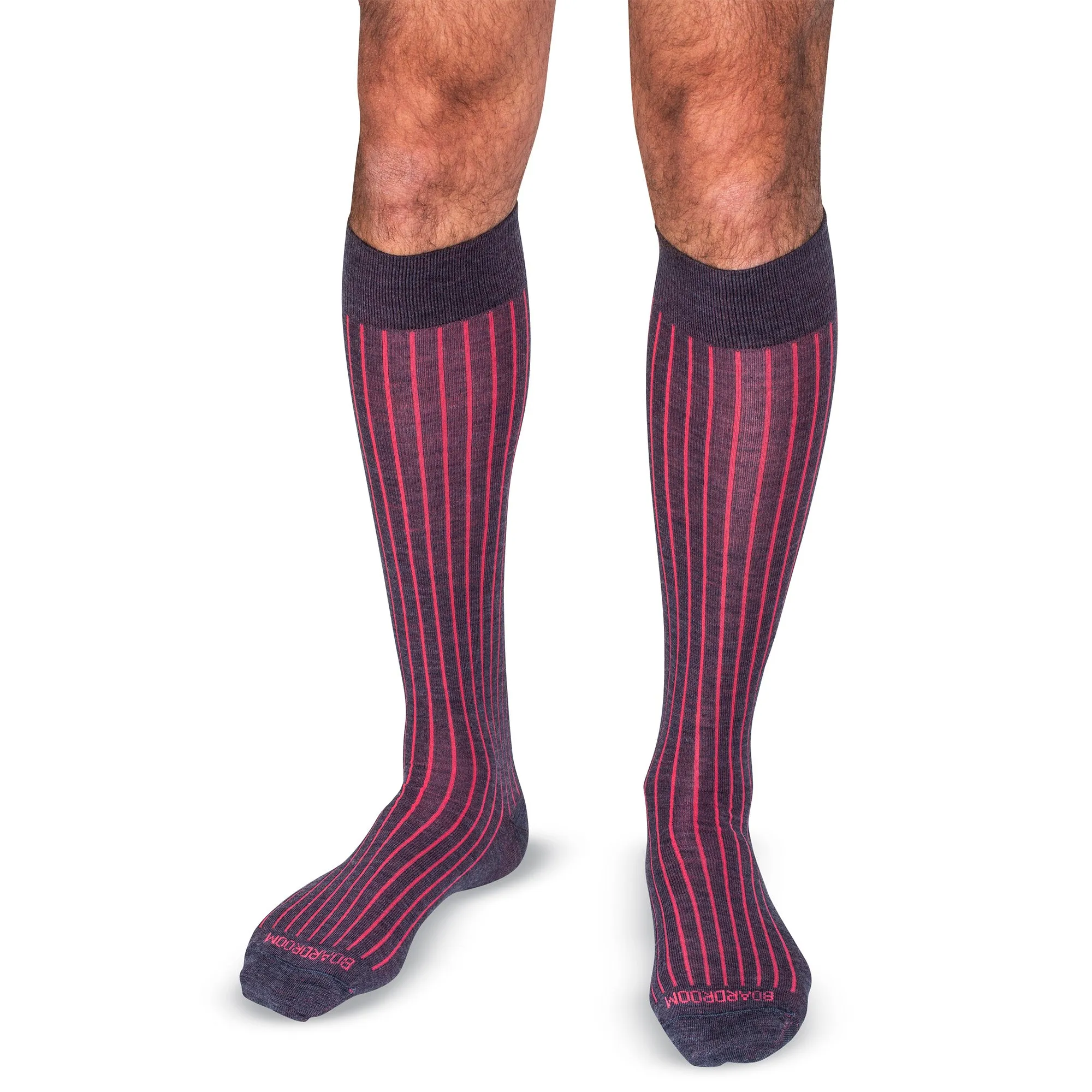 Denim Heather and Coral Shadow Stripe Merino Wool Over the Calf Dress Socks sold by Boardroom Socks