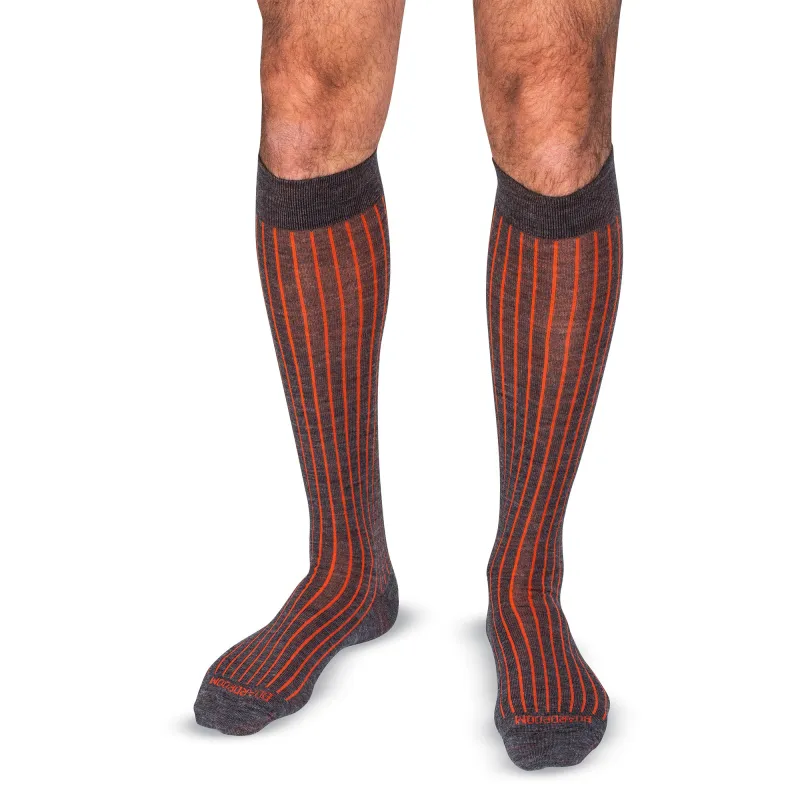 Grey Heather and Orange Shadow Stripe Merino Wool Over the Calf Dress Socks sold by Boardroom Socks