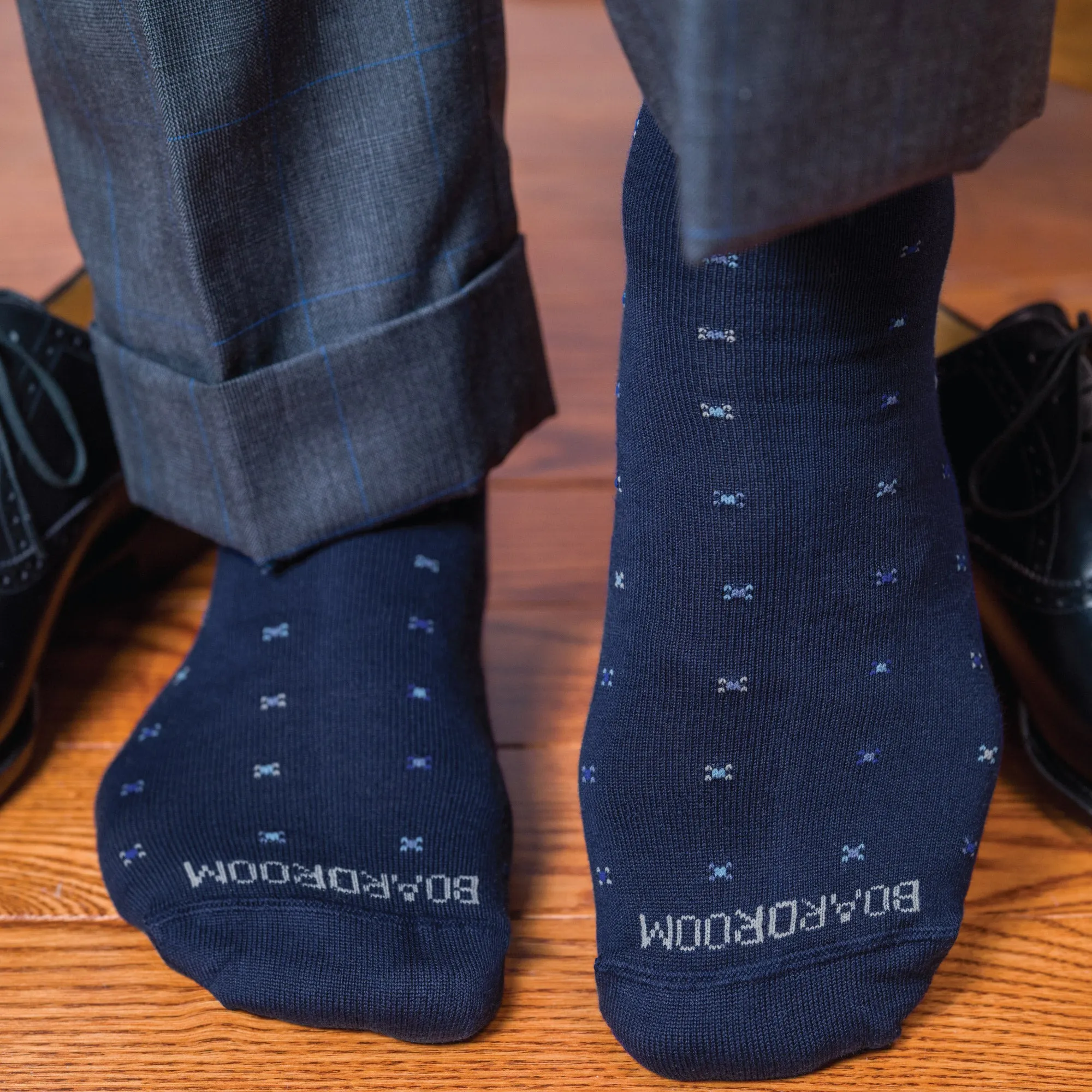 Navy Geometric Cotton Mid-Calf Dress Socks sold by Boardroom Socks product image thumbnail 2