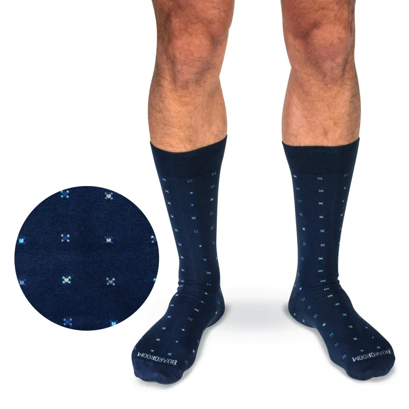 Navy Geometric Cotton Mid-Calf Dress Socks made by Boardroom Socks