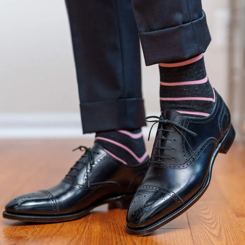 Pink Stripes on Charcoal Merino Wool Mid-Calf Dress Socks sold by Boardroom Socks product image thumbnail 3