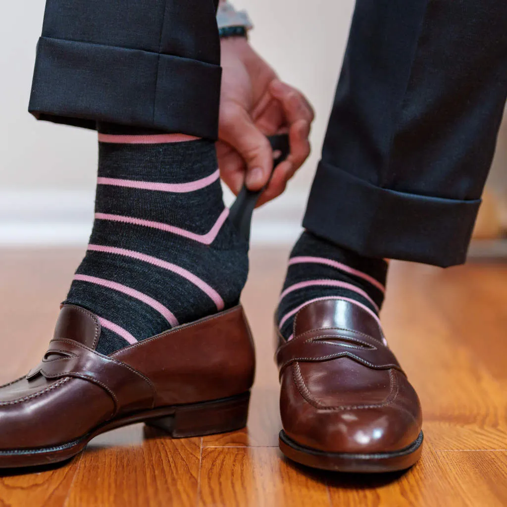 Pink Stripes on Charcoal Merino Wool Mid-Calf Dress Socks sold by Boardroom Socks product image thumbnail 2