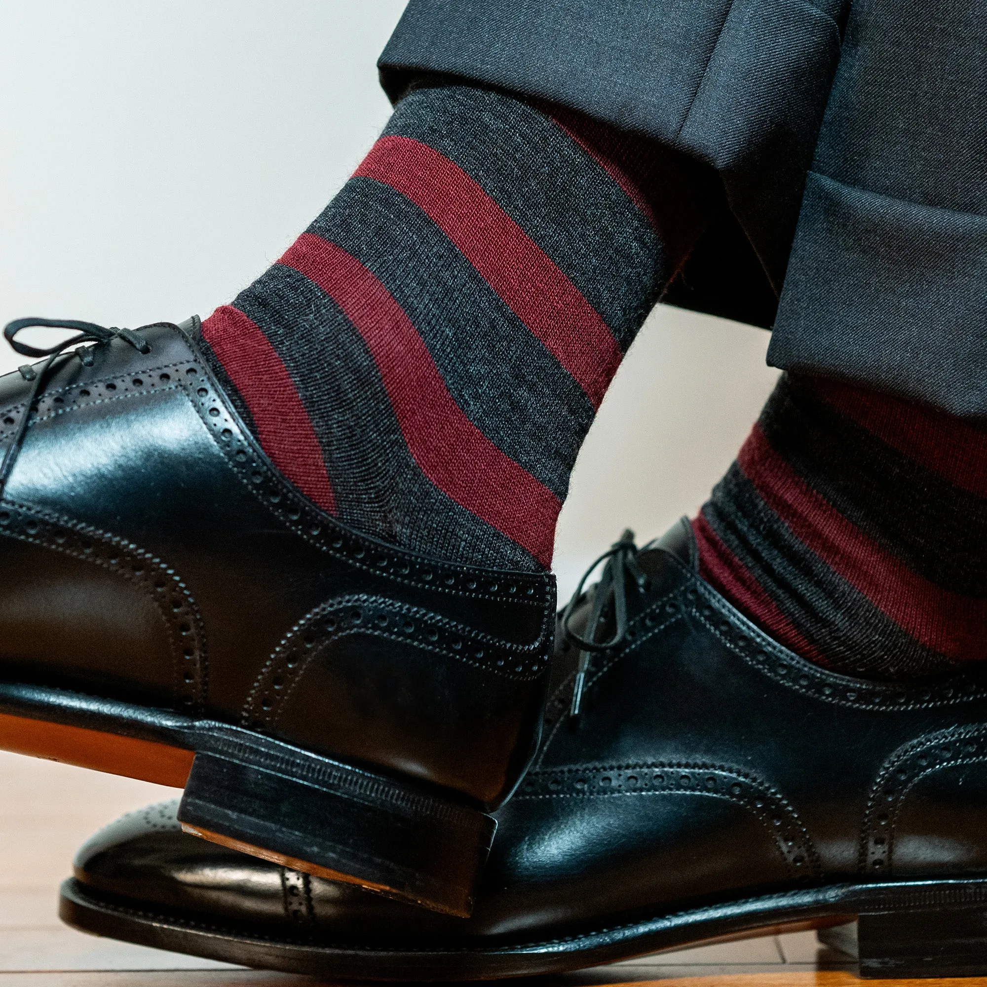 Burgundy Stripes on Charcoal Merino Wool Over the Calf sold by Boardroom Socks product image thumbnail 2