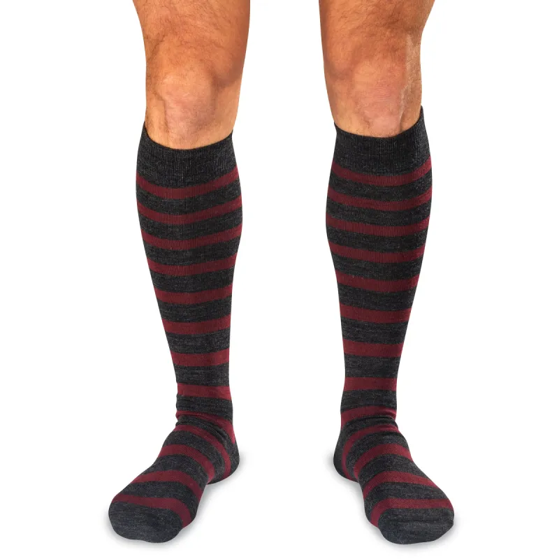 Burgundy Stripes on Charcoal Merino Wool Over the Calf sold by Boardroom Socks