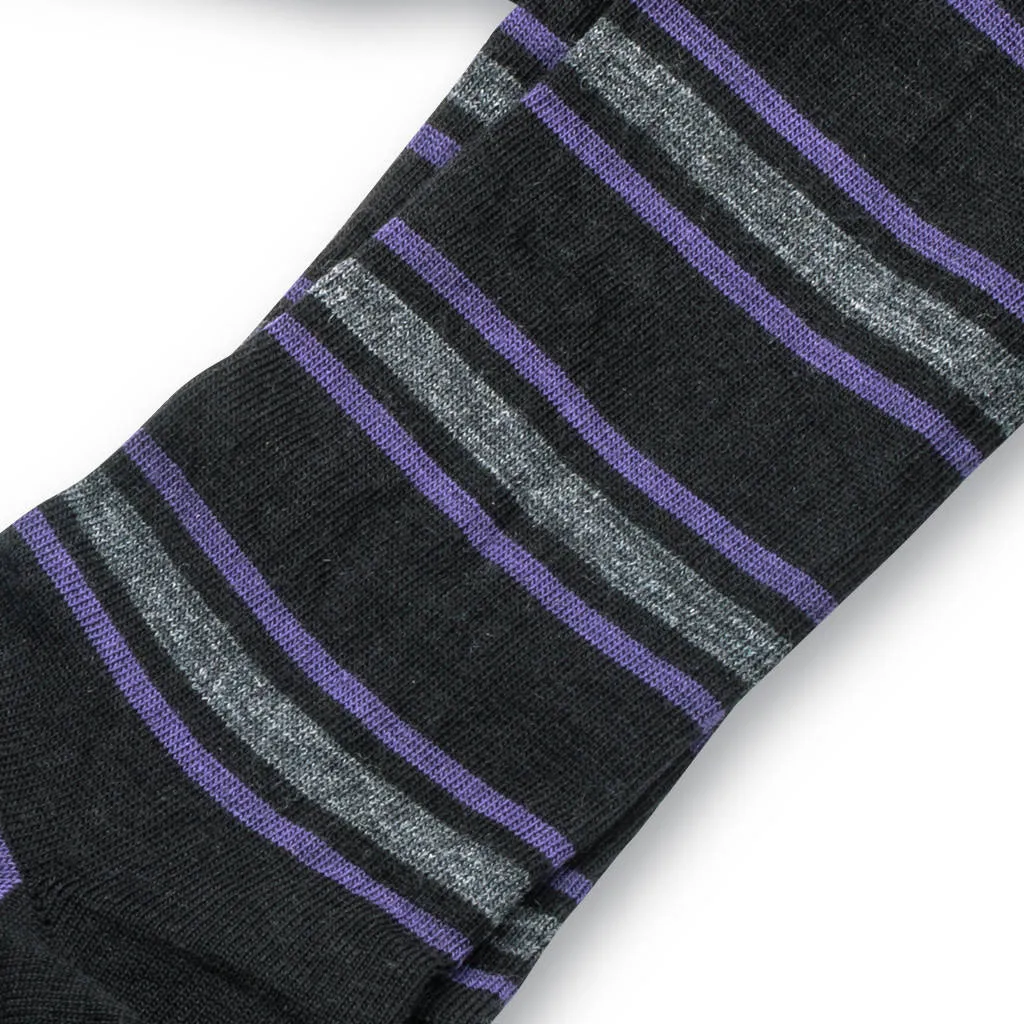 Purple and Grey Stripes on Black Merino Wool Mid Calf Dress Socks sold by Boardroom Socks product image thumbnail 4