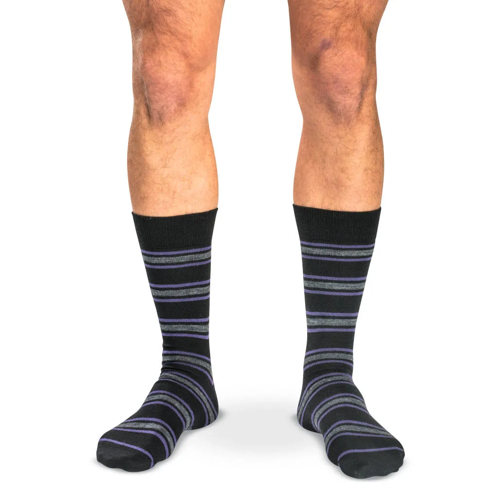 Purple and Grey Stripes on Black Merino Wool Mid Calf Dress Socks sold by Boardroom Socks
