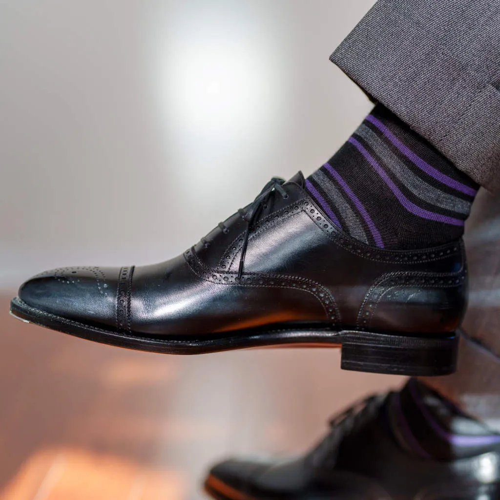 Purple and Grey Stripes on Black Merino Wool Mid Calf Dress Socks sold by Boardroom Socks product image thumbnail 3