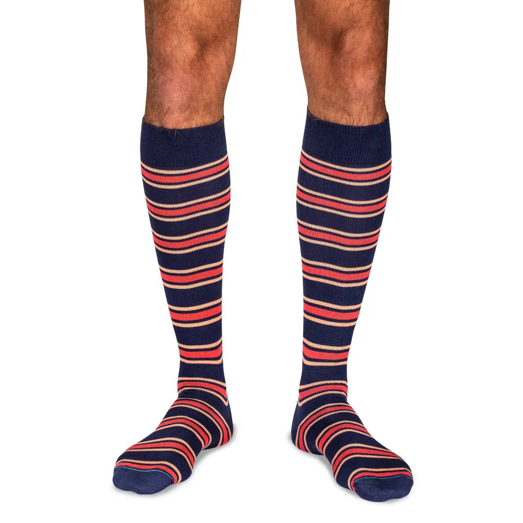 Peach and Tomato Stripes on Navy Cotton Over the Calf Dress Socks sold by Boardroom Socks