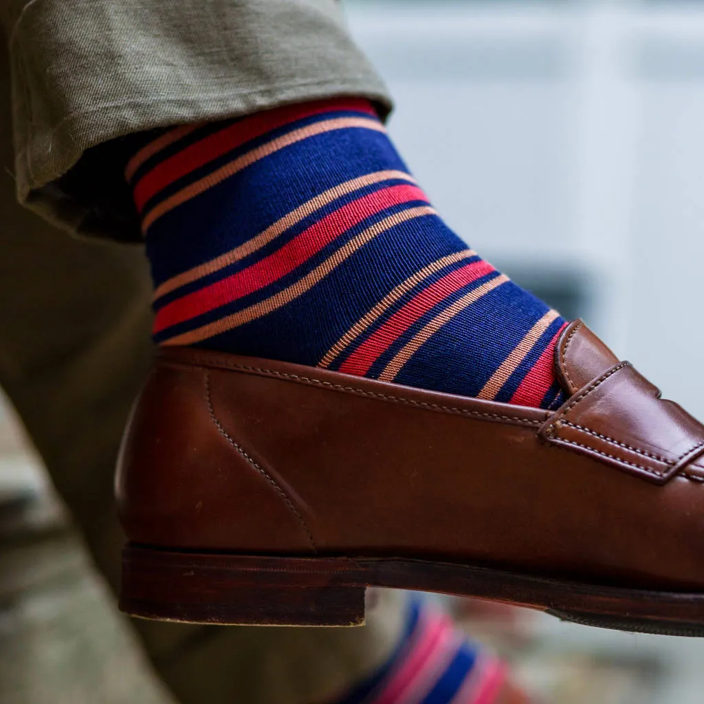 Peach and Tomato Stripes on Navy Cotton Over the Calf Dress Socks sold by Boardroom Socks product image thumbnail 3