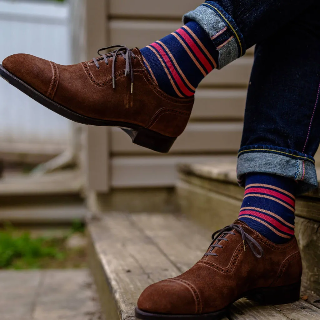 Peach and Tomato Stripes on Navy Cotton Over the Calf Dress Socks sold by Boardroom Socks product image thumbnail 4