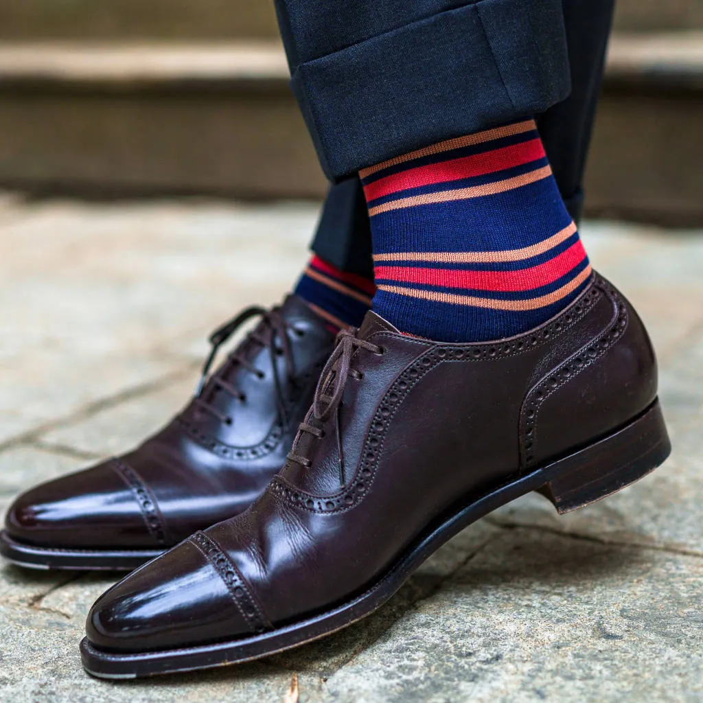 Peach and Tomato Stripes on Navy Cotton Over the Calf Dress Socks sold by Boardroom Socks product image thumbnail 5
