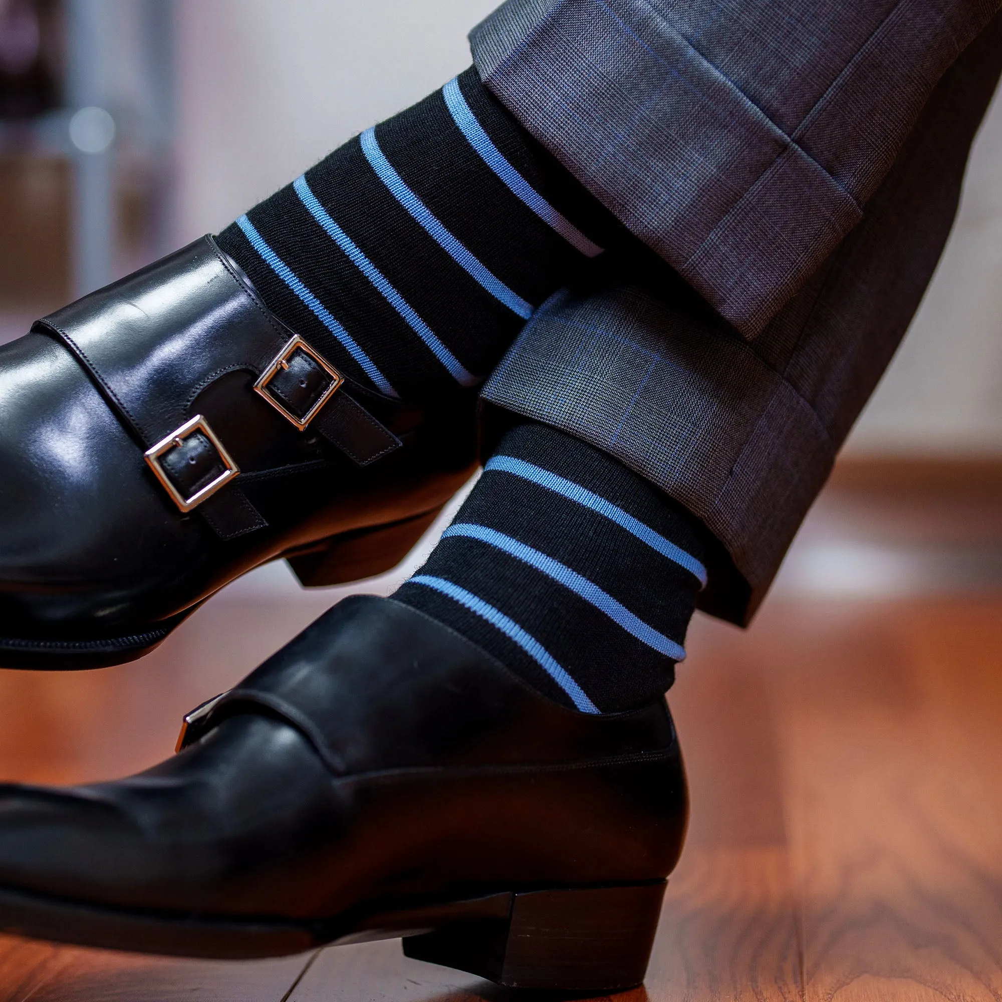 Sky Blue and Black Striped Merino Wool Mid Calf Dress Socks sold by Boardroom Socks product image thumbnail 2