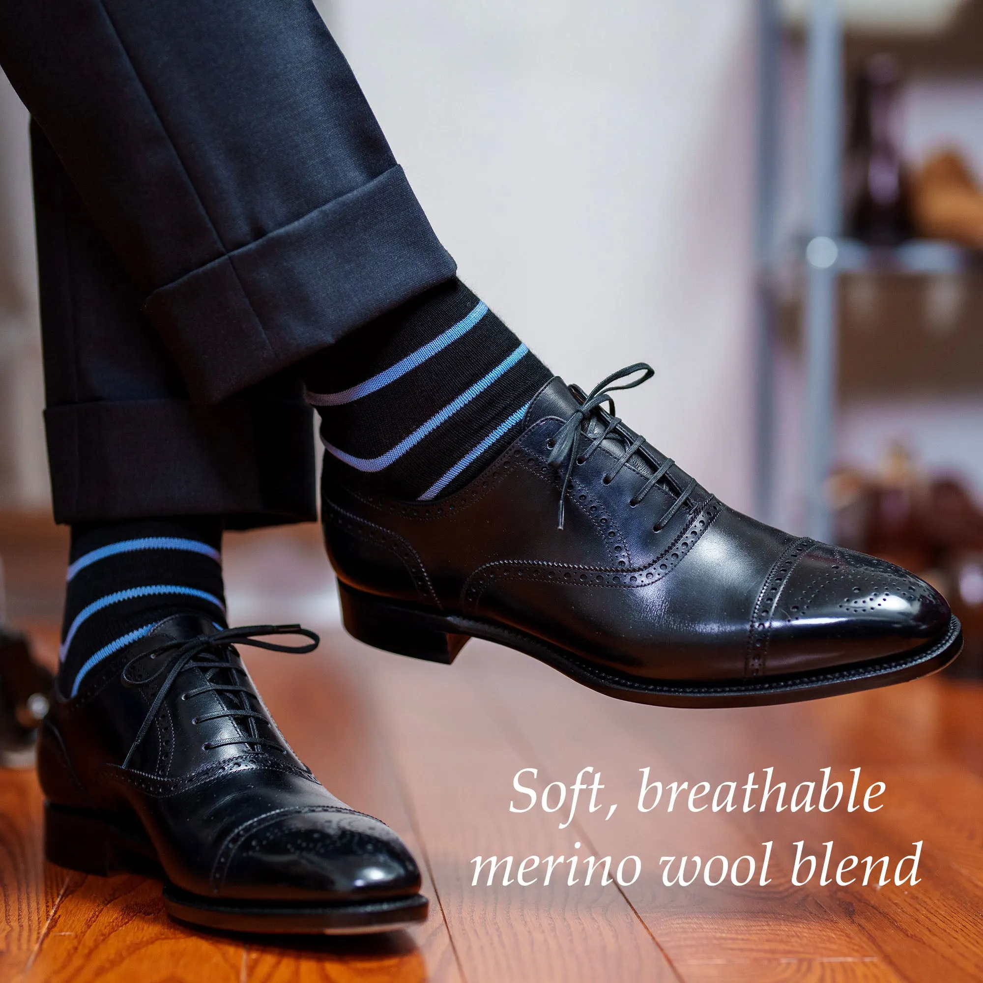 Sky Blue and Black Striped Merino Wool Mid Calf Dress Socks sold by Boardroom Socks product image thumbnail 4