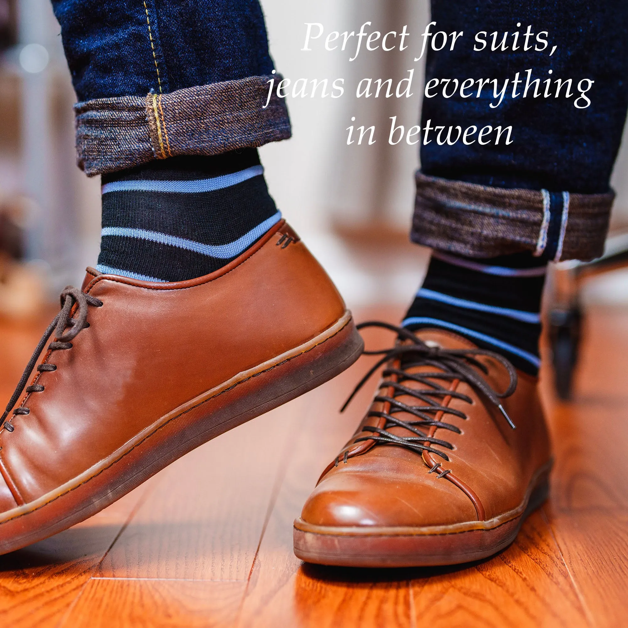 Sky Blue and Black Striped Merino Wool Mid Calf Dress Socks sold by Boardroom Socks product image thumbnail 5